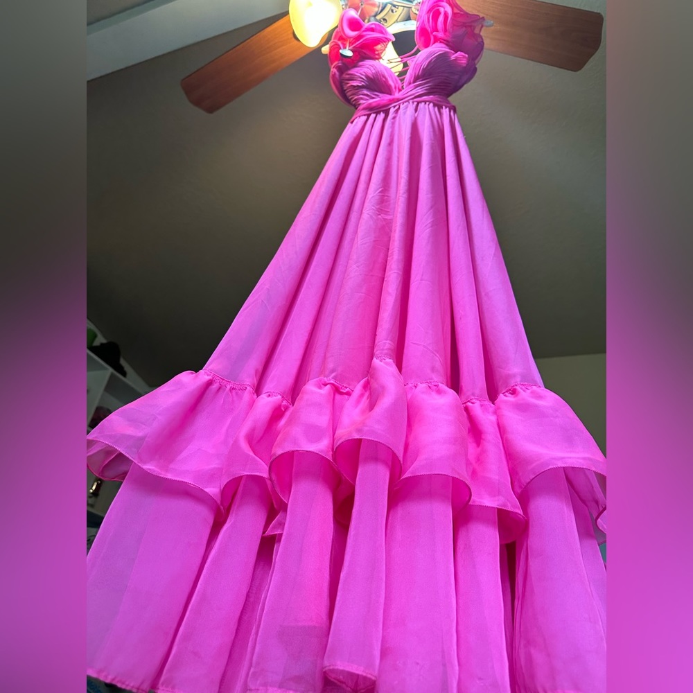 Mac Duggal pink ruffle lace back chiffon gown